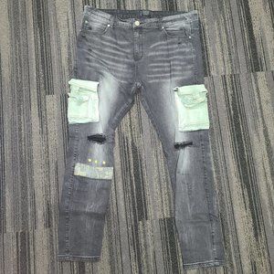 Used THRT Distressed Denim Dark Grey/Light Green Cargo Jeans Size 40